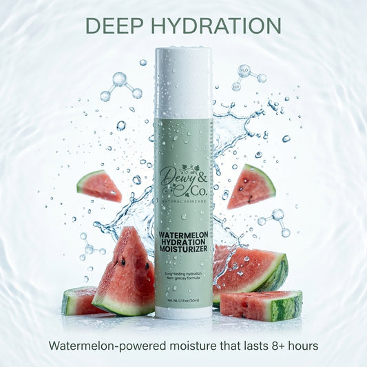 Dewy & Co. watermelon hydration moisturizer showcasing deep hydration benefit with water droplets and fresh watermelon. Natural moisture for glowing skin.