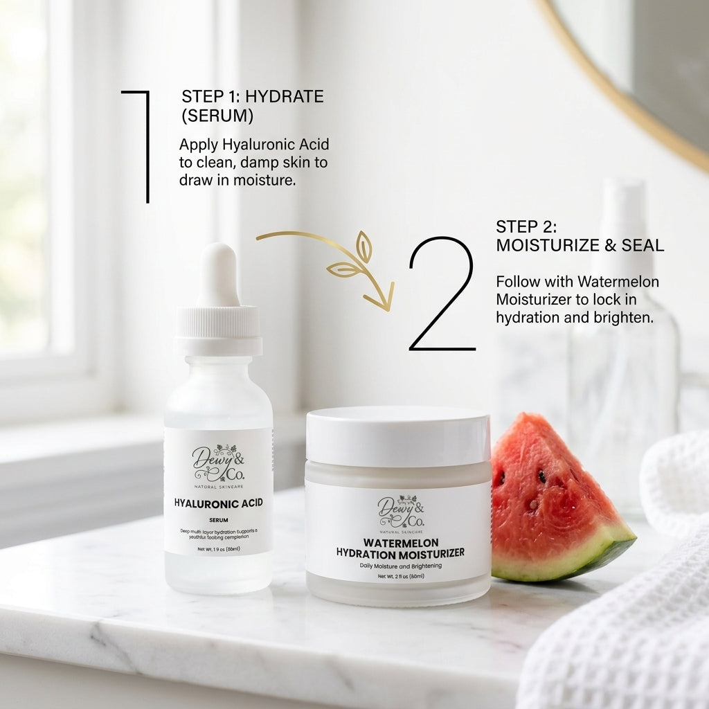 Dewy & Co. skincare routine showing Step 1 Hyaluronic Acid Serum and Step 2 Watermelon Hydration Moisturizer on marble counter. Morning skincare layering guide.