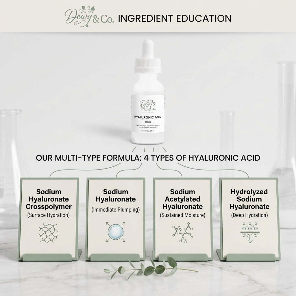 Dewy & Co. Hyaluronic Acid Serum ingredients showing 4 types: Sodium Hyaluronate Crosspolymer for surface, Acetylated for mid-layer, Hydrolyzed for deep hydration.