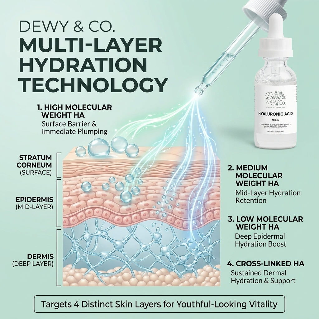 Dewy & Co. Hyaluronic Acid Serum infographic showing 4 types of hyaluronic acid penetrating surface, mid-layer, and deep skin layers for multi-level hydration.