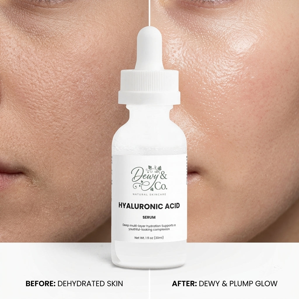 Before and after results showing dehydrated skin transforming to hydrated dewy glowing skin after 14 days using Dewy & Co. Hyaluronic Acid Serum. Visible plumping.