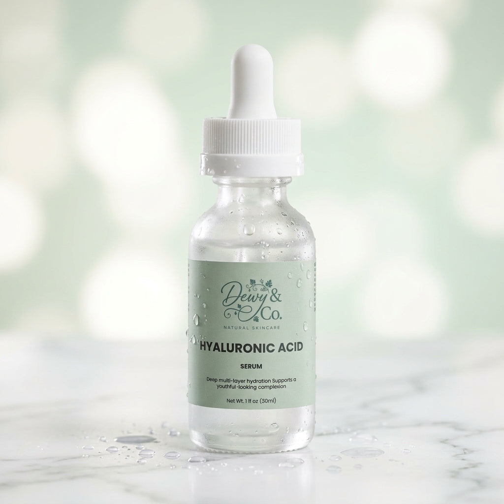 Dewy & Co. Hyaluronic Acid Serum 30ml bottle with dropper on white marble, surrounded by water droplets for hydration visualization. Premium skincare product photography.