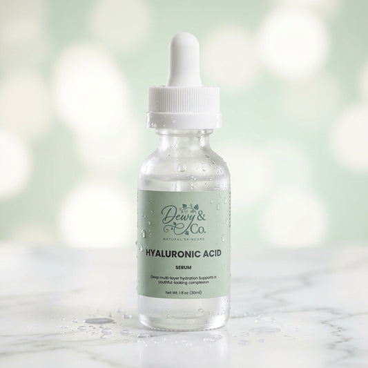 Dewy & Co. Hyaluronic Acid Serum 30ml bottle with dropper on white marble, surrounded by water droplets for hydration visualization. Premium skincare product photography.