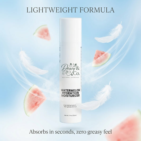 Dewy & Co. watermelon hydration moisturizer showcasing lightweight formula benefit with floating bottle. Non-greasy texture absorbs quickly.